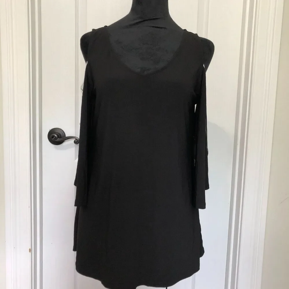 Vince Camuto Womens Blouse S Black V-Neck Cold-Shoulder Sleeve Tie Details‎